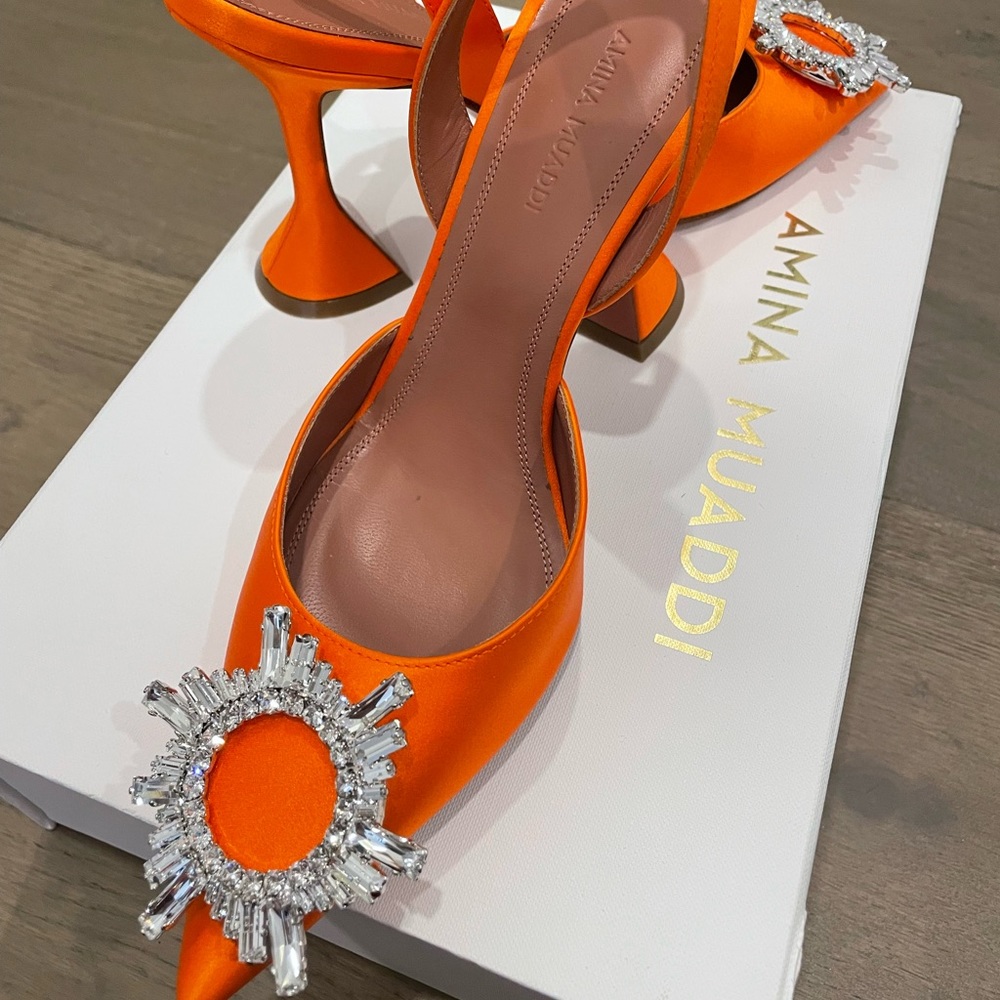 Sold Out Online!! Orange Amina Muaddi Begum Satin Slingback Pumps size 36.5